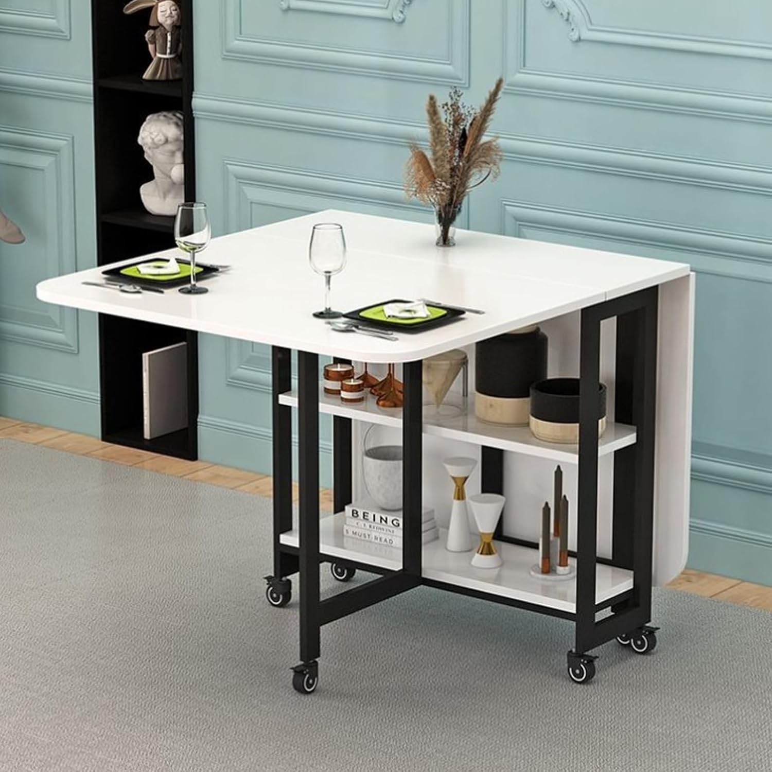Drop Leaf Dining Table, Modern Folding Dining Table with 6 Wheels and 2-Layer Storage Racks, Space Saving Kitchen Table, Carbon Steel Bracket