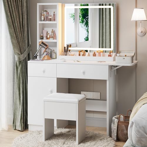 Haewon Makeup Vanity Desk with Mirror and Lights, White Vanity Table with Power Outlet and 3 Lighting Modes
