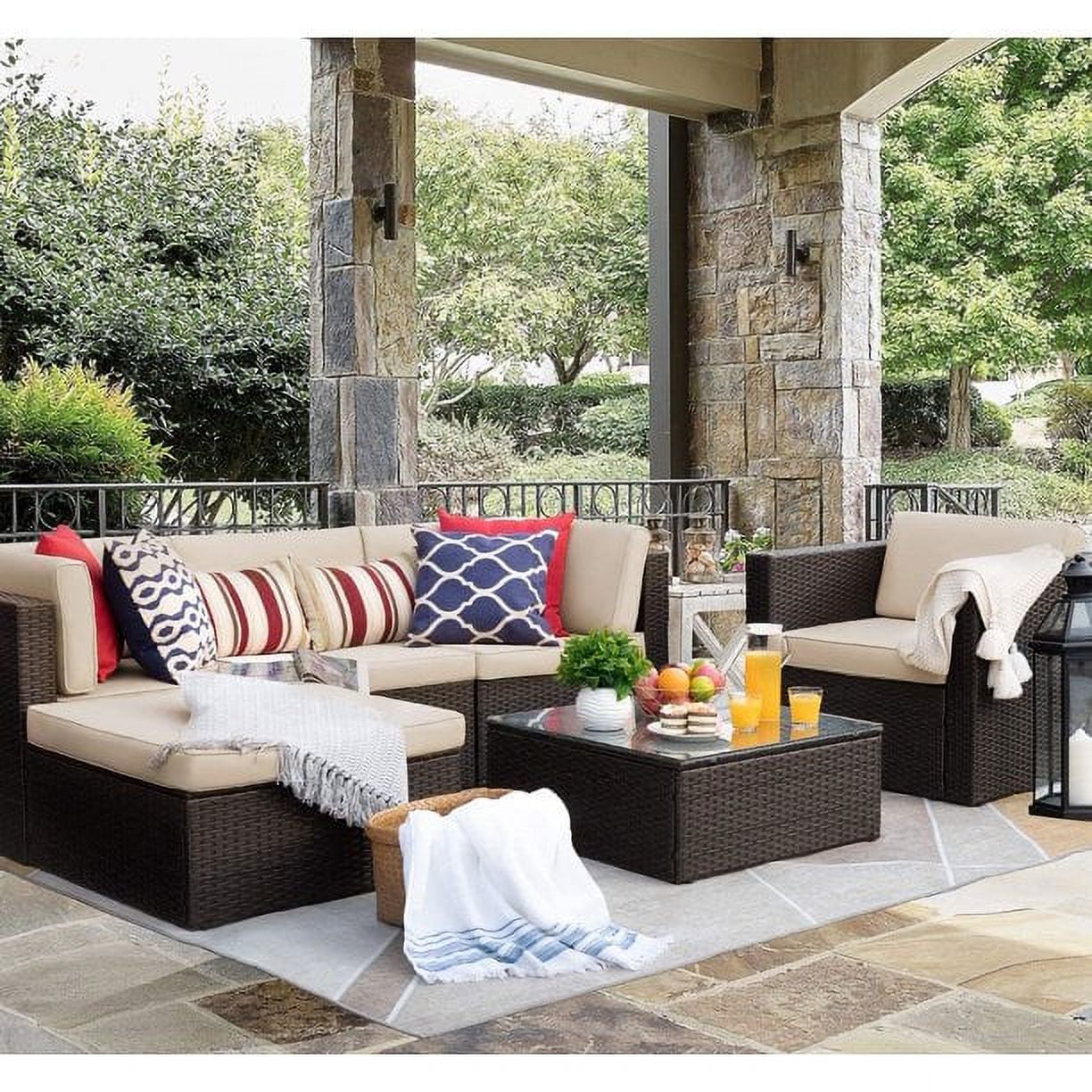 Lacoo 6 Pieces Patio Indoor Furniture Set Outdoor Sectional Sofa Outdoor Furniture, Beige, Sectional Sets, 2, Steel