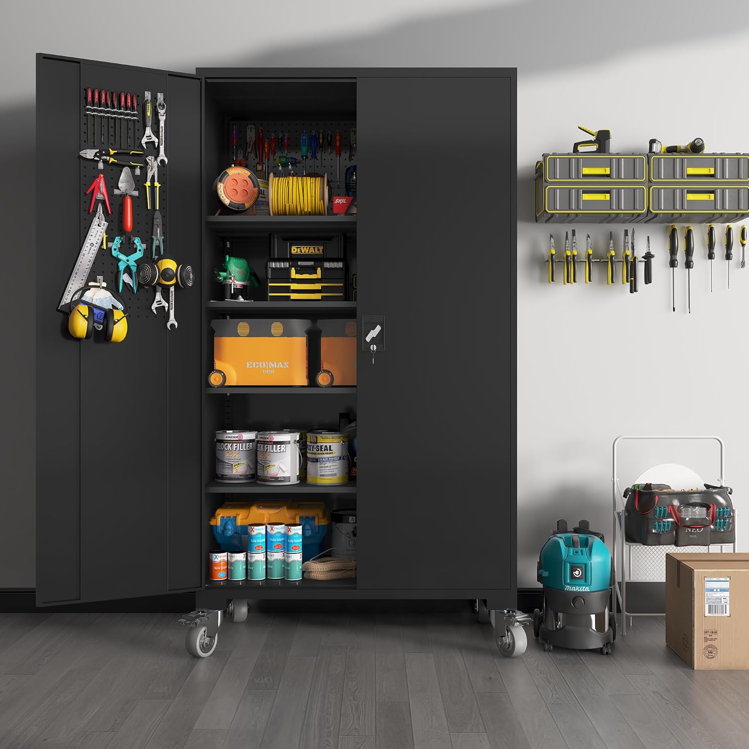 1-Wide 39.37 Inch & Depth 19.69 Inch Metal Storage Cabinet 72 Inch Black Lockable Garage Cabinet with Wheels Heavy-Duty Steel Cabinet with Doors & 4