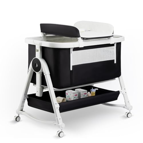 4 in 1 Baby Bassinet, Bassinet Bedside Sleeper with Wheels and Storage Basket, Adjustable 7 Heights Bedside Sleeper with Changing Station