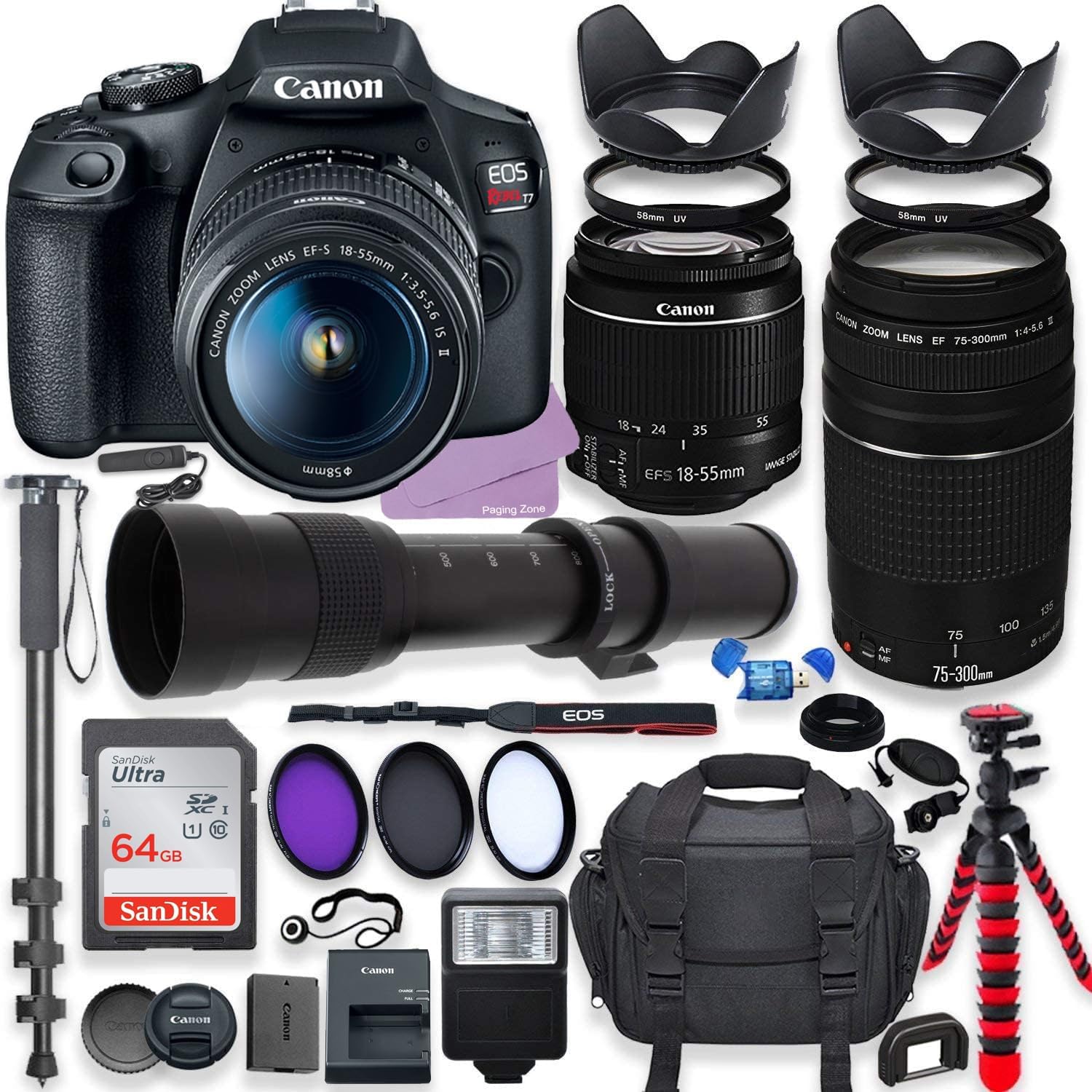 Canon EOS Rebel T7 DSLR Camera with 18-55mm is II Lens & Canon EF 75-300mm III Lens Bundle + 420-800mm Zoom Lens + 64GB Ultra Memory + Filters +