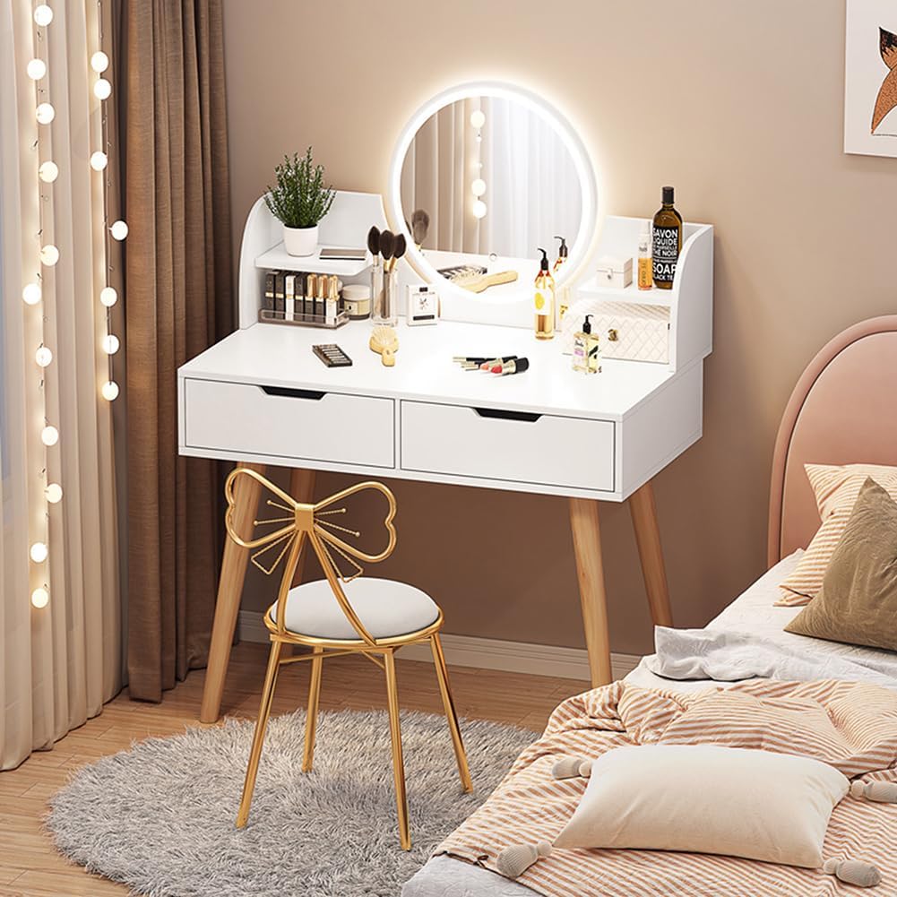 Fashion Makeup Vanity with Mirror, Vanity Desk with Open & Hidden Storage Shelves as