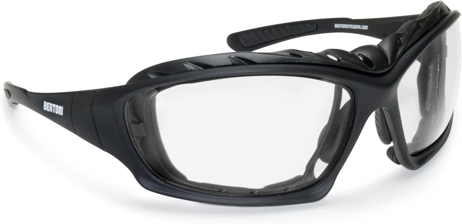 Bertoni Motorcycle Goggles Padded Glasses Photochromic Lens Removable Optical RX Clip Interchangeable Arms and Strap mod 366