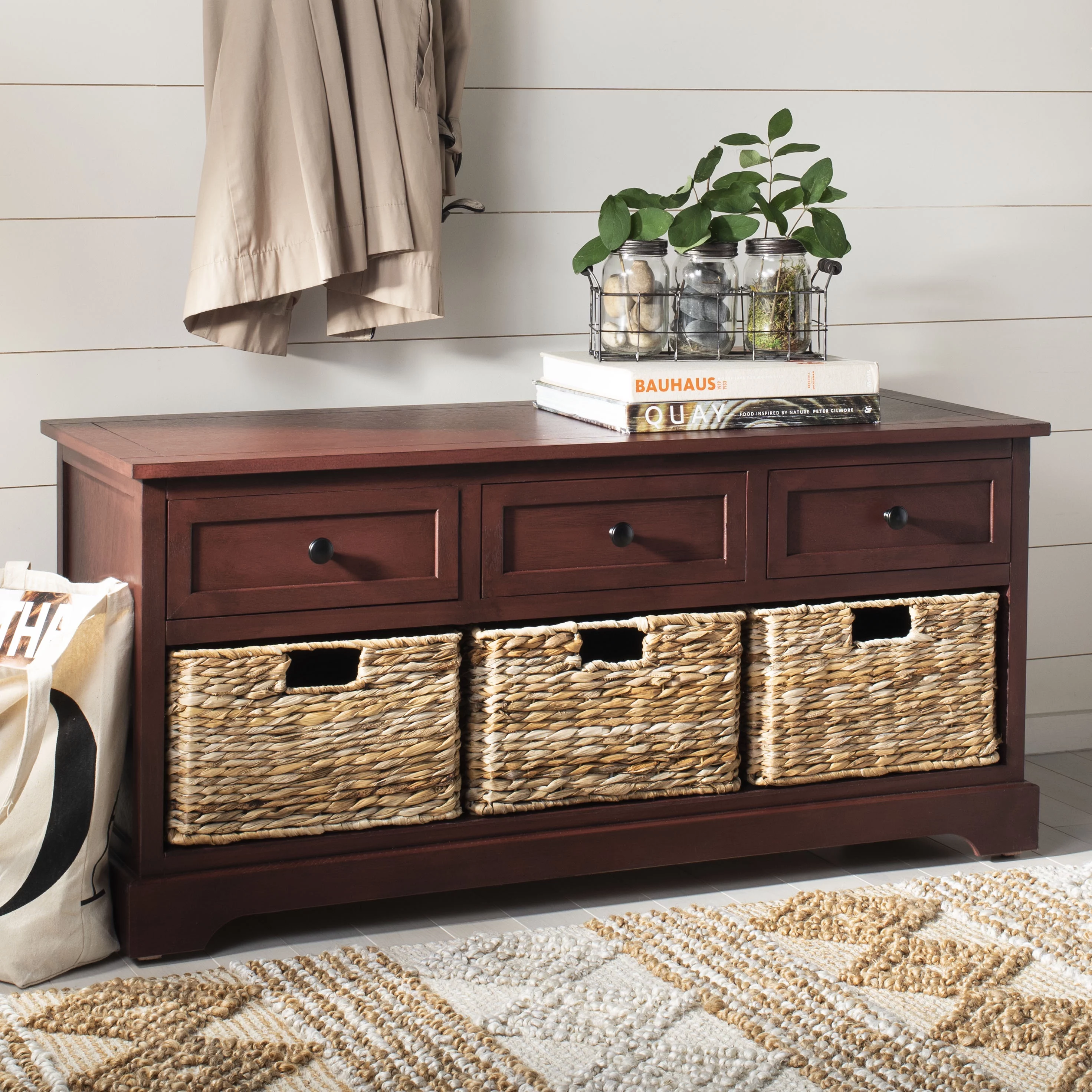 SAFAVIEH Damien Storage Bench with 3 Wicker Baskets and 3 Drawers, Red