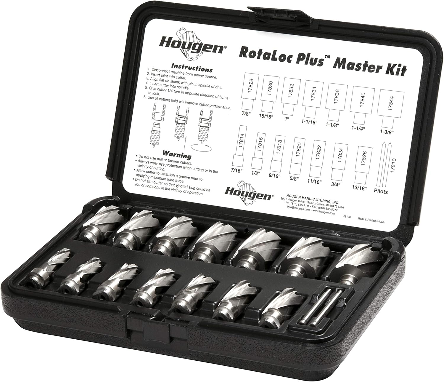 Hougen 17808 RotaLoc Plus Master Kit 7/16, 1/2, 9/16, 5/8, 11/16, 3/4, 13/16, 7/8, 15/16, 1, 1-1/16, 1-1/8