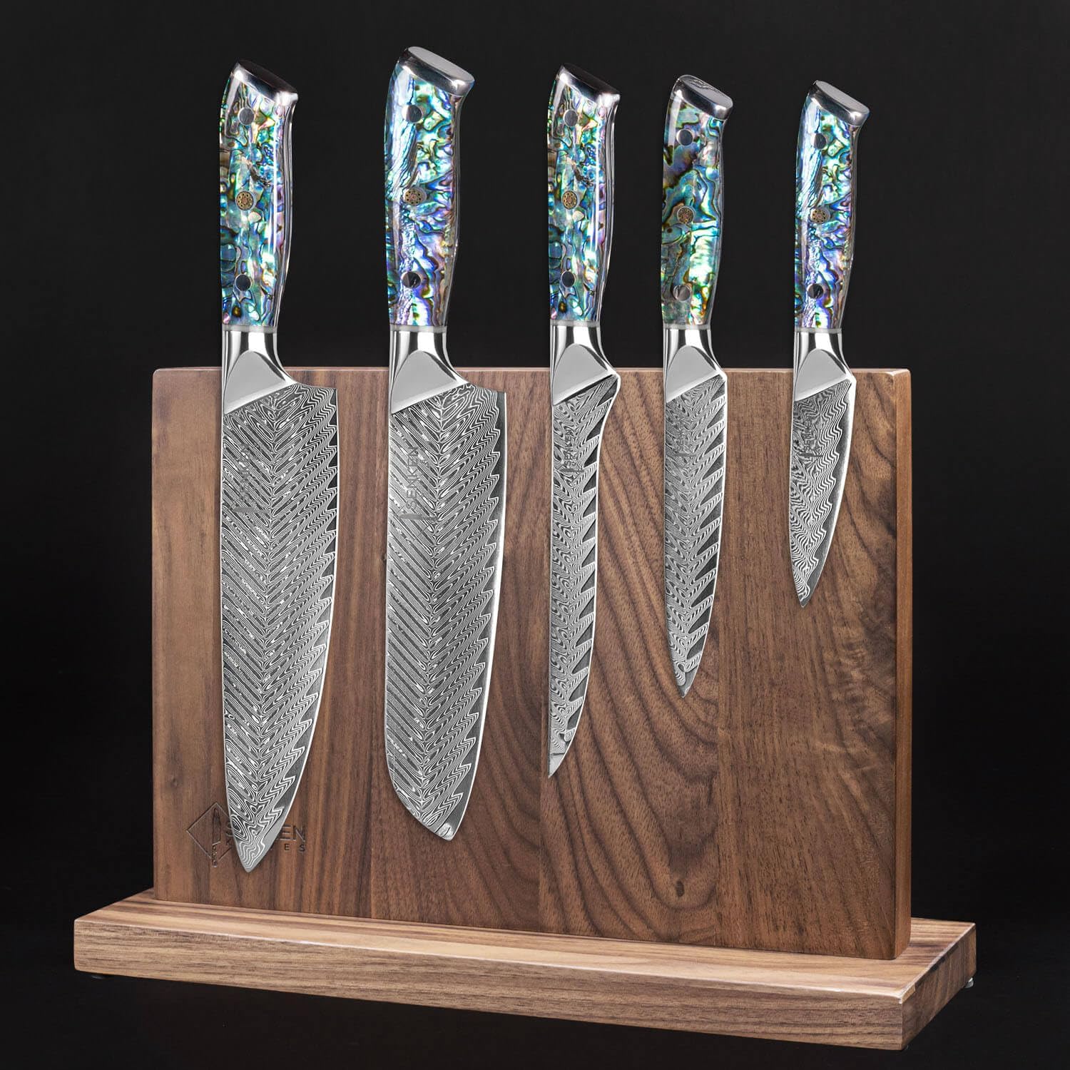 SENKEN 5-Piece Damascus Steel Kitchen Knife Set with Black Walnut Magnetic Knife Block, 67-Layer Japanese VG10 Steel