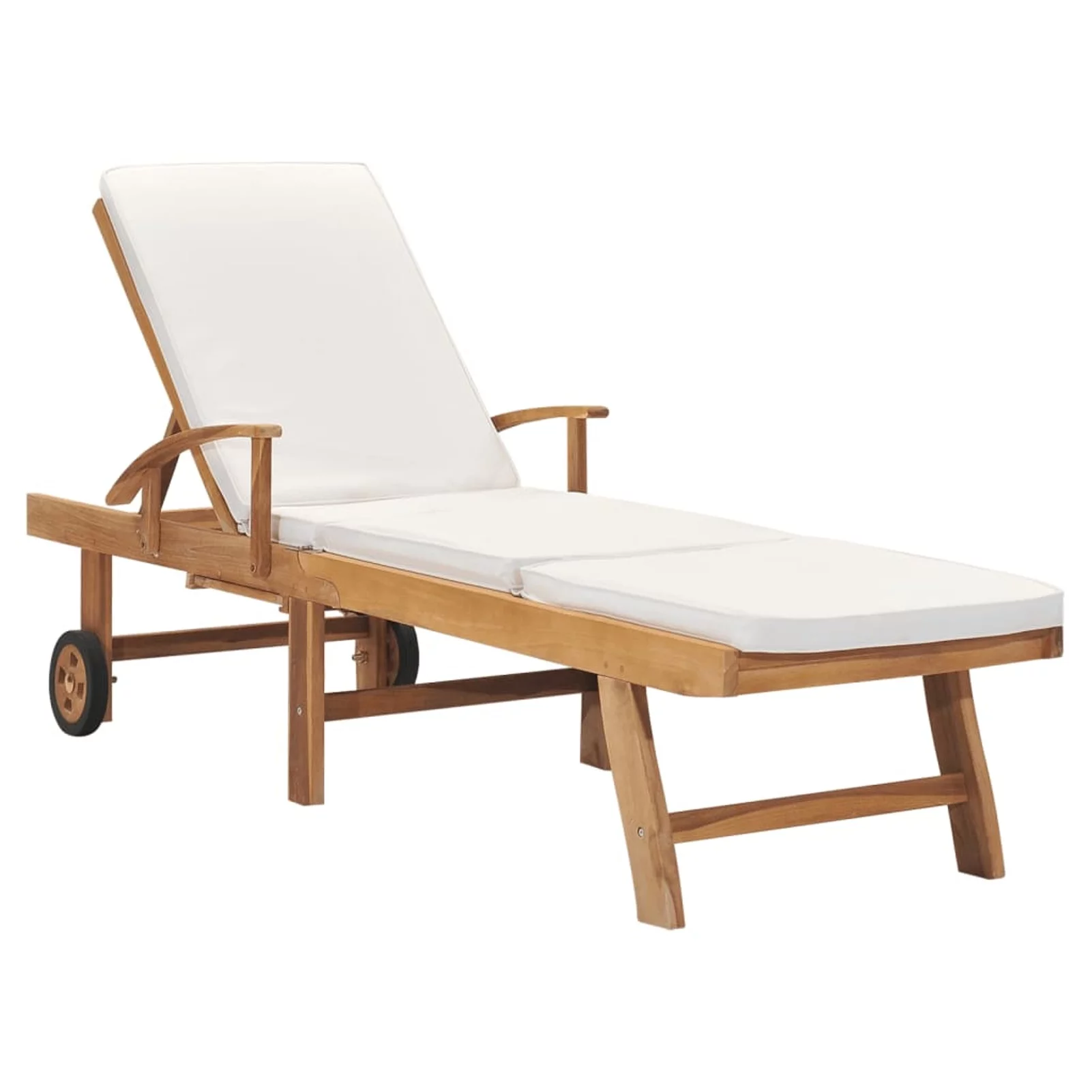 Anself Outdoor Sun Lounger with Sliding Table and Wheels Teak Wood Both Side Adjustable Chaise Lounge Chair Cream Cushioned Poolside, Backyard