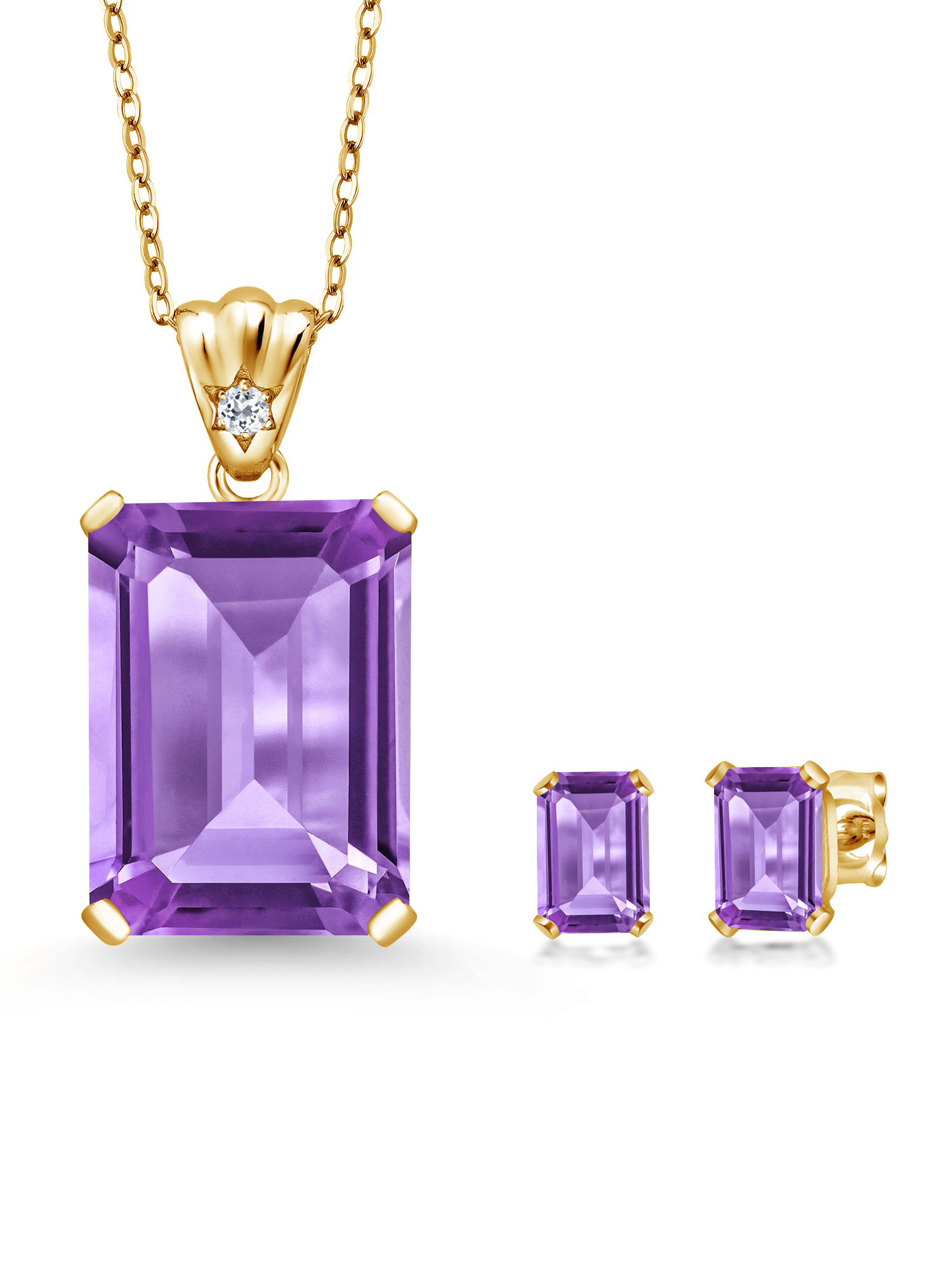 18K Yellow Gold Plated Silver Purple Amethyst and White Topaz Pendant and Earrings Jewelry Set For Women (16.07 Cttw, Gemstone February Birthstone