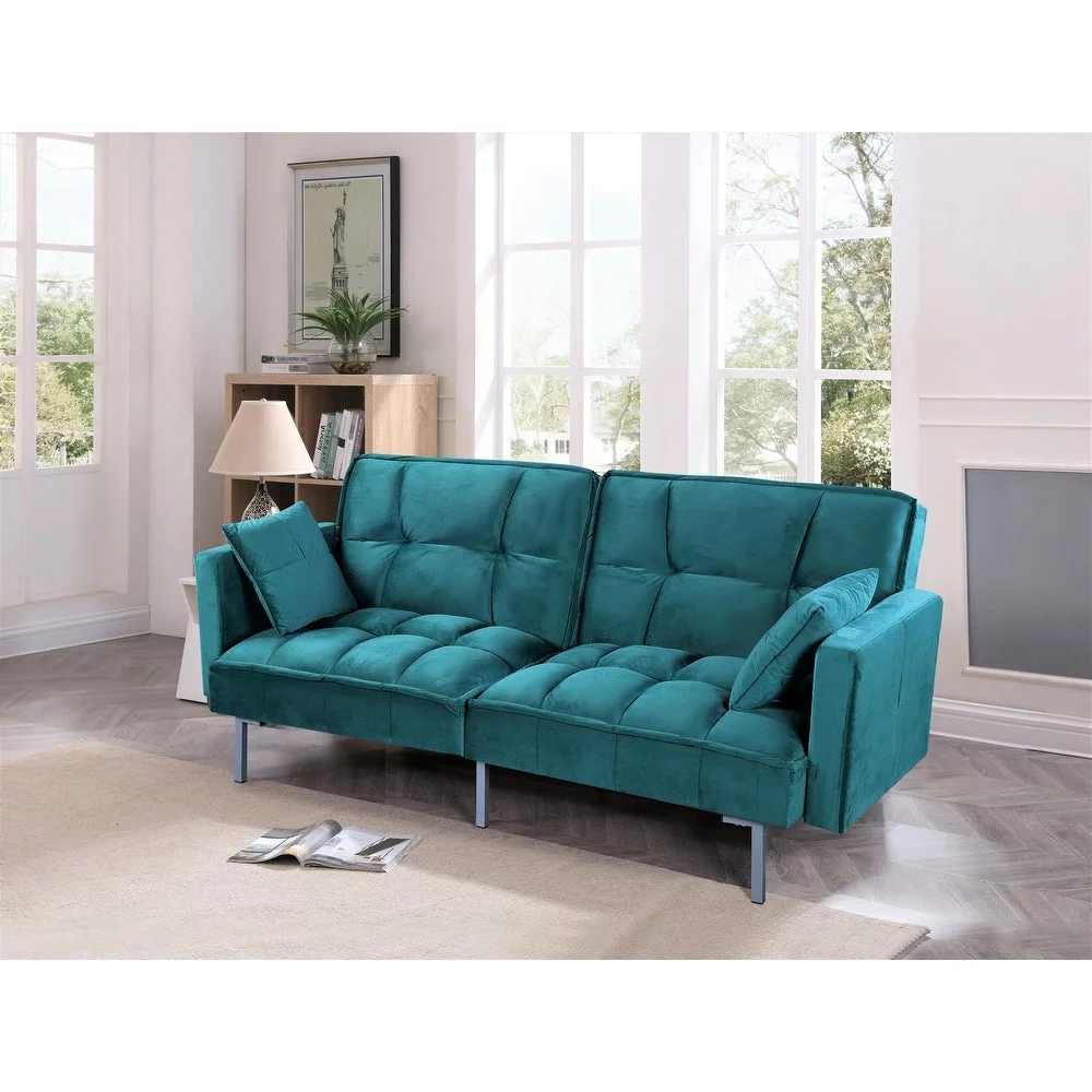 Uspridefurniture Bernal 75.6"W Velvet Futon Sofa Bed Sleeper, Blue