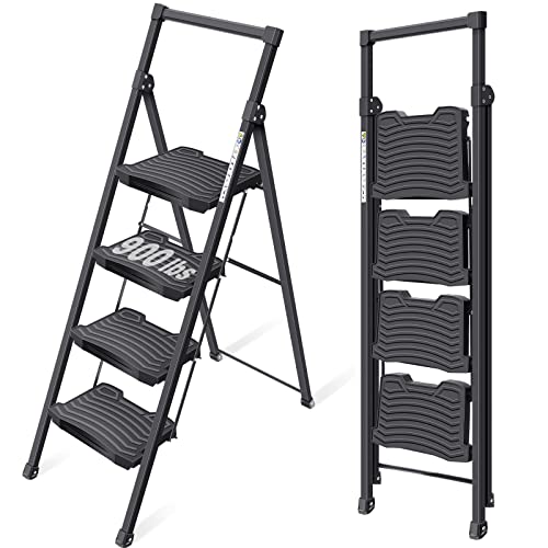 KINGRACK 5 Step Ladder with Tool Platform, Sturdy Step Stool with Handrail, Folding Steel Ladder with Wide Pedal