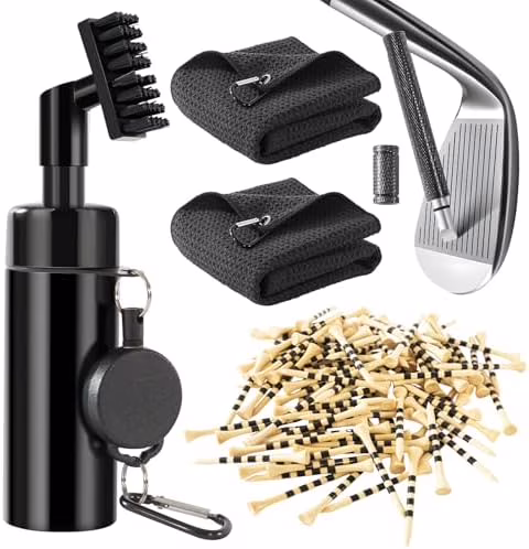 Golf Club Cleaner Brush with 5oz Water Bottle, 8.3“ Leak-Proof Design, 2 Towels &amp; 100 Bamboo Golf Tees – Golf Accessories for Men &amp