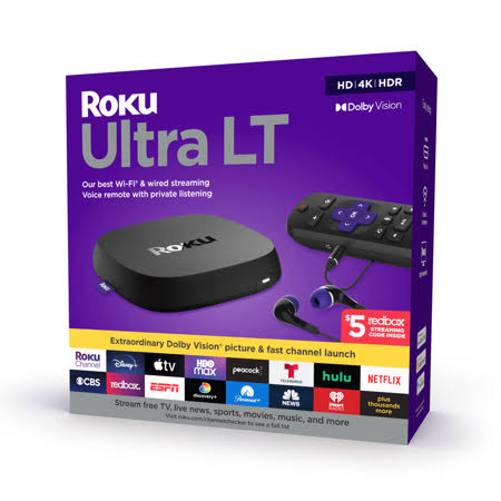 Roku Ultra LT 2021 Streaming Device 4K/HDR/Dolby Vision with Roku Voice Remote, Private Listening, and Premium HDMI Cable