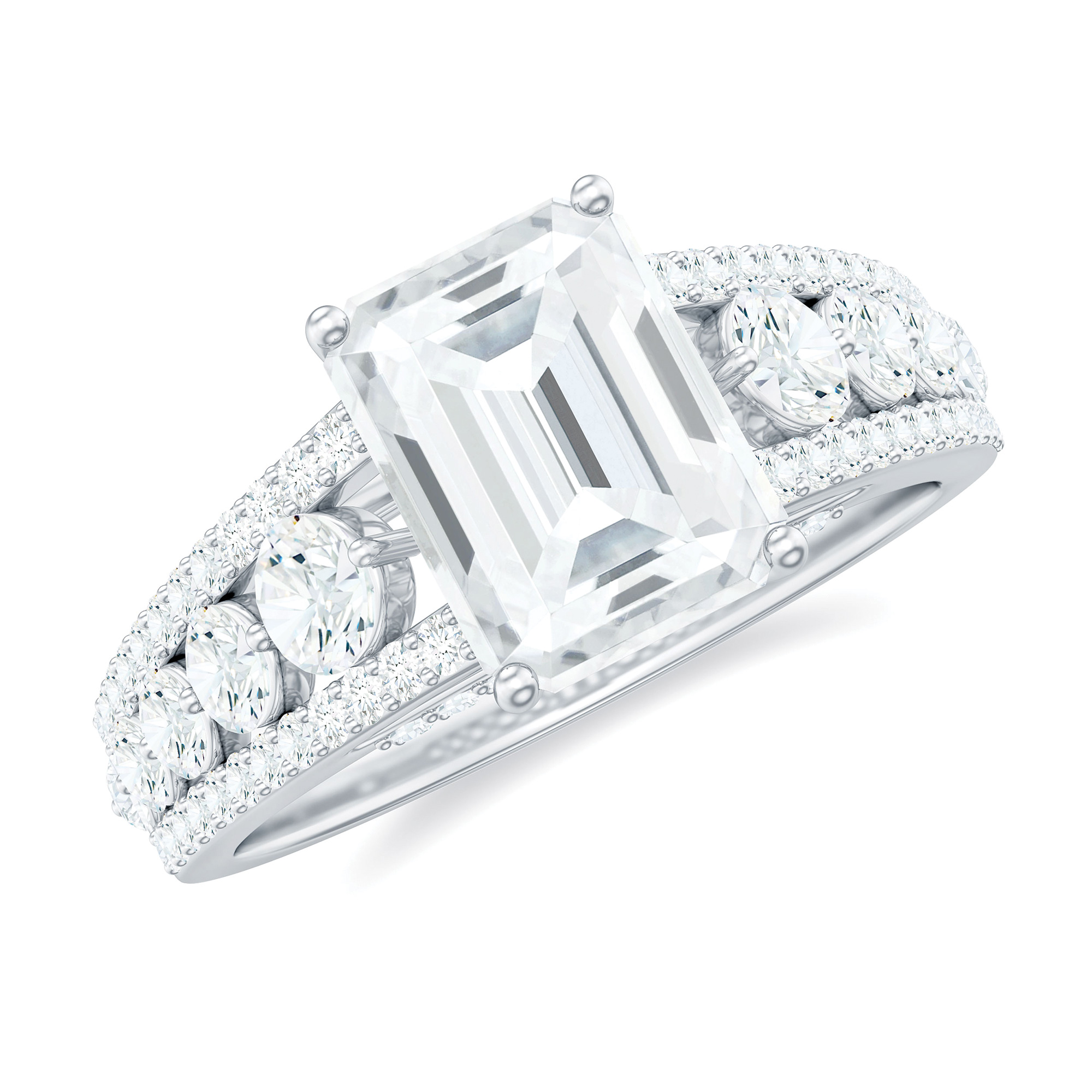 Emerald Cut Moissanite Solitaire Engagement Ring with Side Stones (3.25 CT), 18K White Gold, US 5.50