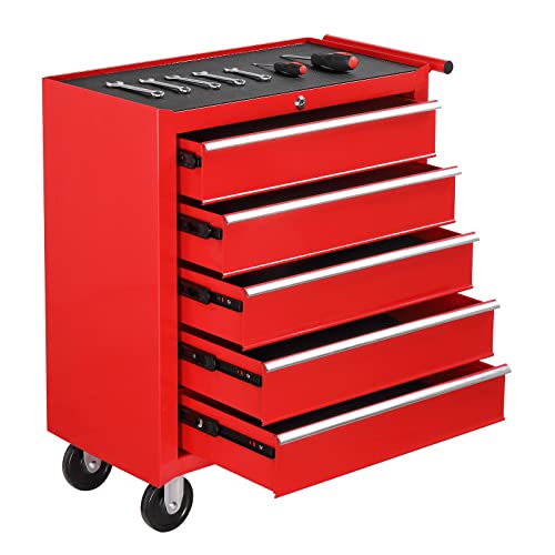 TUFFIOM 5-Drawer Rolling Tool Chest w/Drawers & Lock, Tool Storage Cabinet with Lockable Wheels, Top Cushion & Drawer Liners