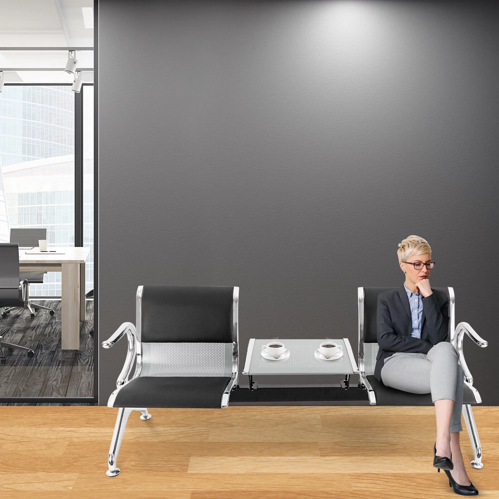 Miumaeov Airport Reception Chairs Waiting Room Chairs with Table and Arms 2 Seat PU Leather Reception Bench Waiting Area Bench Guest Reception Chairs