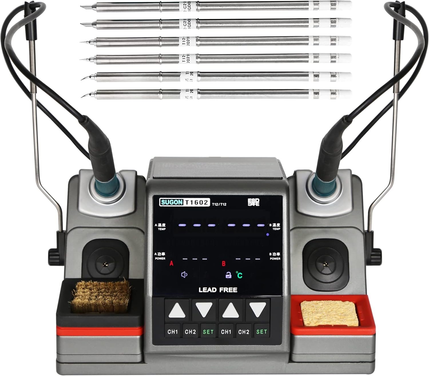 Sugon T3602 Soldering Station ，240W 2 in 1 Digital Solder Iron Station with 2 JBC Soldering Iron Tips ，212℉-842℉ Adjustable Temperature C/F，Auto