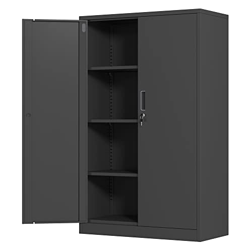 Metal Storage Cabinet with Locking Doors and 2 Adjustable Shelves, Small Lockable Steel Storage Cabinets for Home Office Garage Kitchen Pantry (Black)
