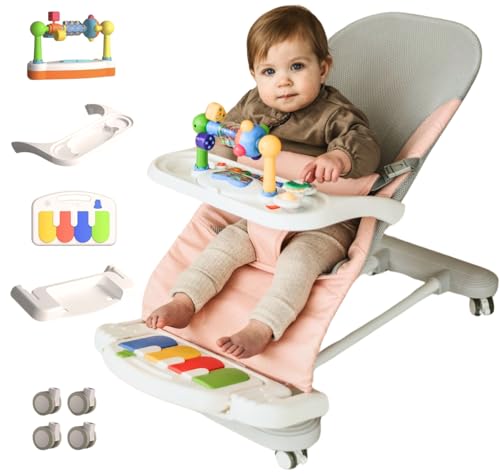 CuddoBaby Baby Bouncer 4-in-1 with Wheels, Detachable Piano, Feeding Tray, Play Bar