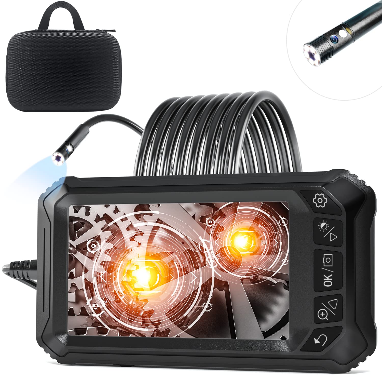 CIMELR Industrial Endoscope 5 IPS Inspection Camera, Dual Lens Borescope Camera with 8mm 16.5ft Flexible Cable