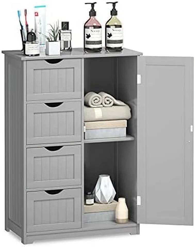 KHBIULIFE Bathroom Floor Cabinet  Side  Organizer Cabinet w/ 1 Cupboard and 4 Drawers  Wooden Free Standing  Cabinet w/Adjustable  in 3 Positions for