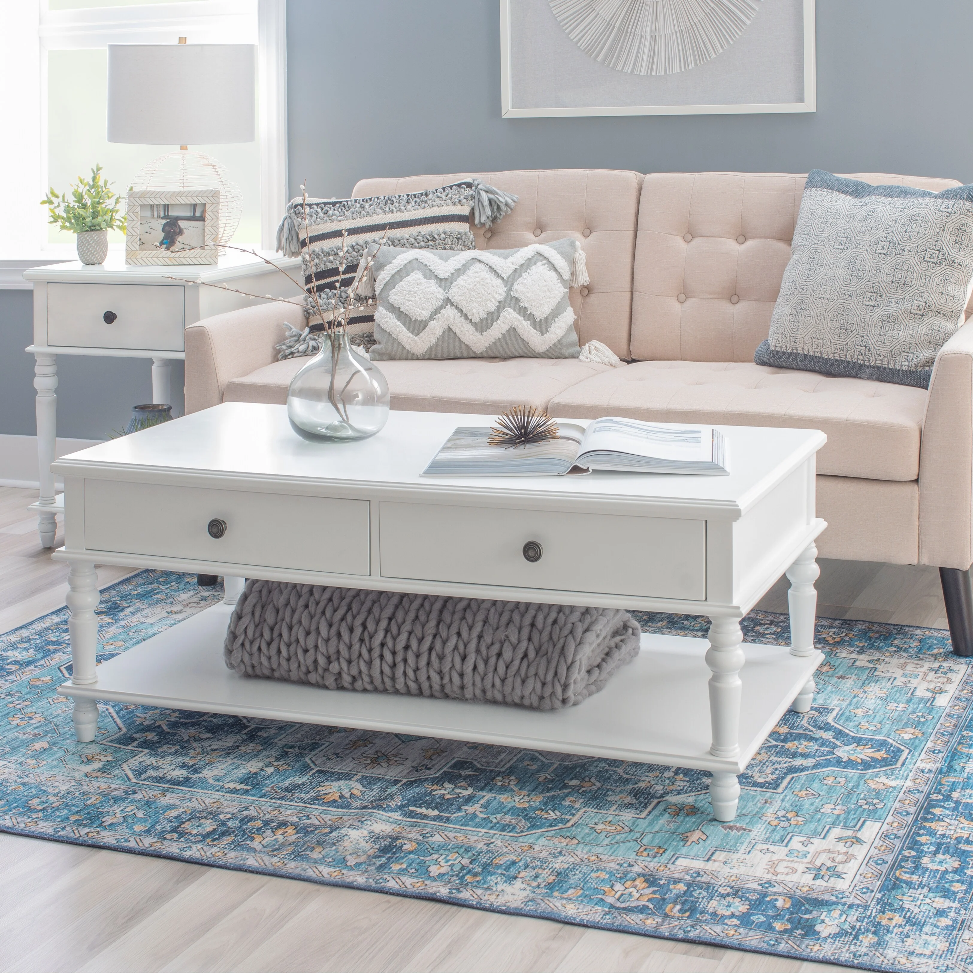 Linon Jowin White Wood 2 Drawer Coffee Table