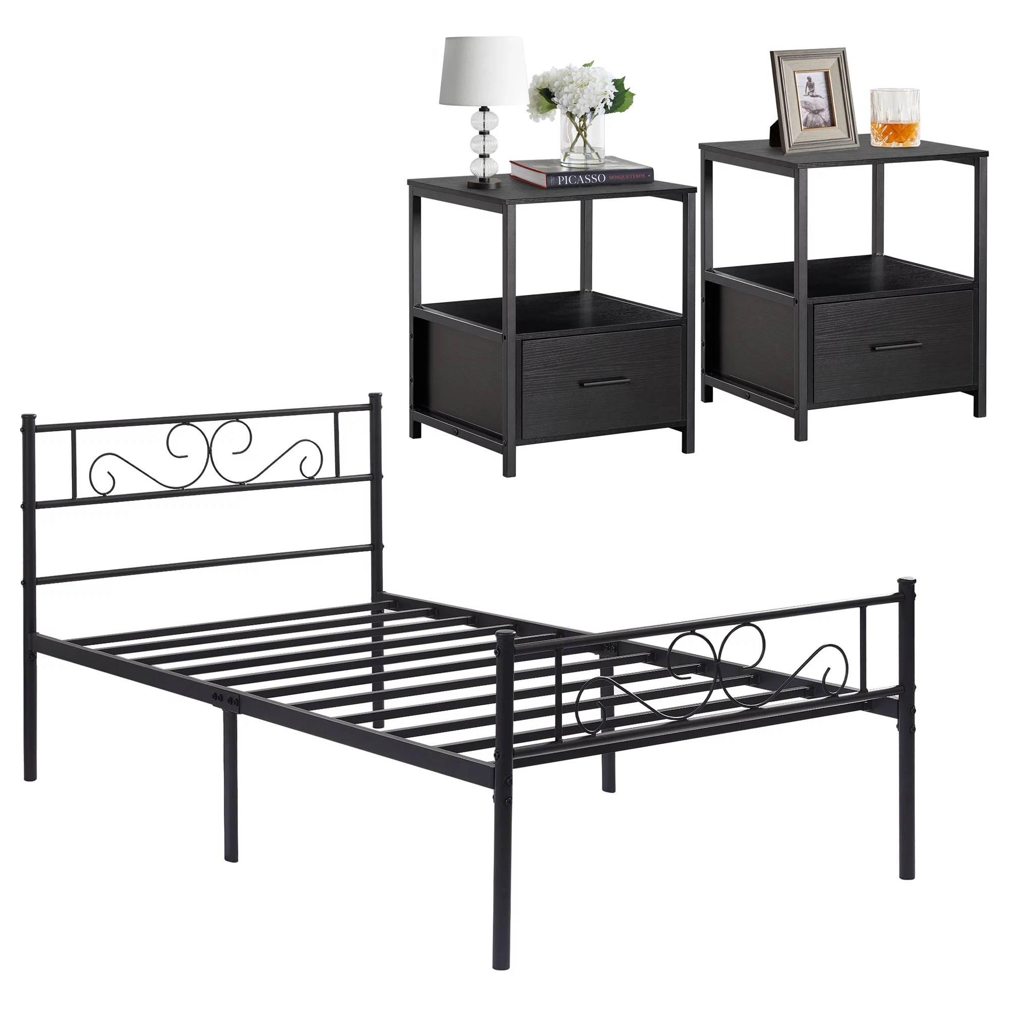 VECELO 3-Piece Bedroom Set with Twin Bed Frame and 2 Black Nightstands