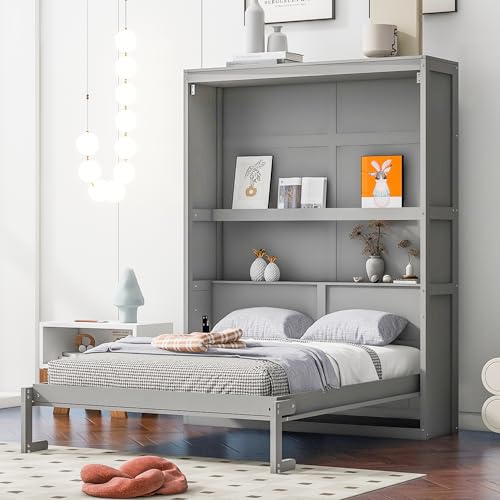 Queen Size Murphy Bed Wall Beds with Storage Shelves,Hide Away Bed Frame Easily Folds into Wood Cabinet,W/Mattress Holder,for Small Space,Guest Room