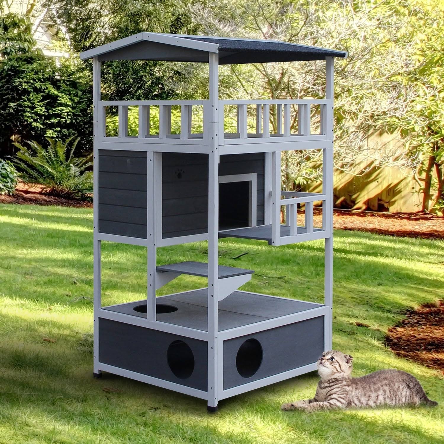 Pawhut Outdoor Solid Wood 4-Floor Cat Condo Pet Villa with Litter Box Space - Gray