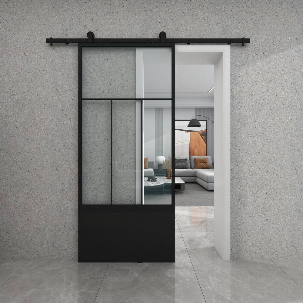 Colonial Elegance Division 37 in. x 84 in. 3/4 Lite Clear Glass Black Metal Finish Sliding Barn Door with Hardware Kit - Avayadevconnect