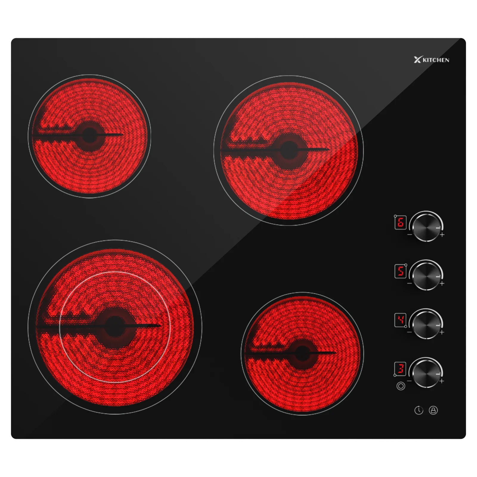 IsEasy Electric Cooktop 24 Inch, 4 Burners 220-240V 7500W with Knobs, 9 Heating Levels, Timer, Child Lock, Hard Wired, No Plug