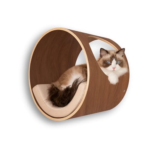 Cat Wall Shelves Round for Large Cat Bed Shelf with Cushion Wall Mounted Cat Condo Cat Perch Wooden Cat Wall Furniture 16.1"x11.8"x16.1"
