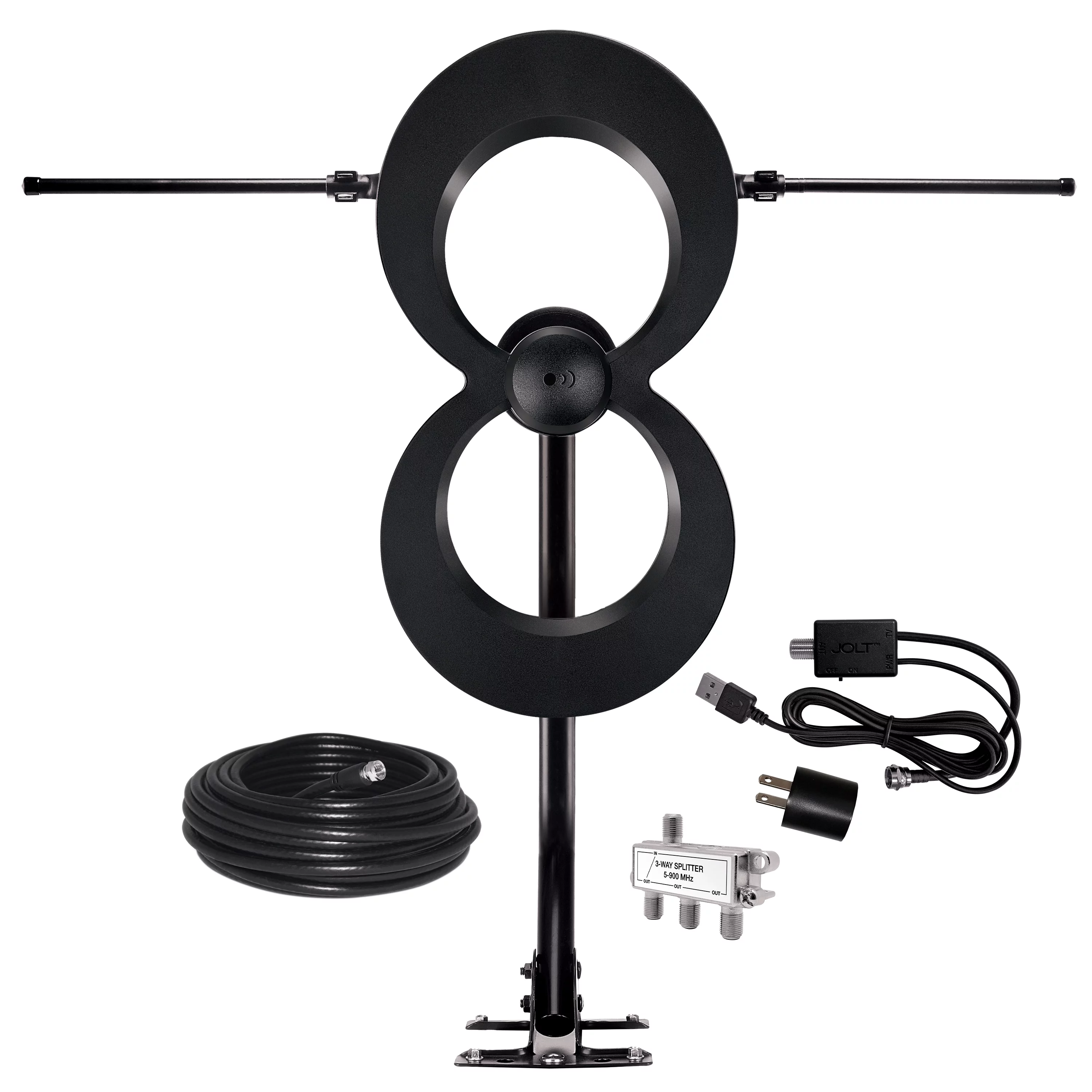 ClearStream MAX-XR COMPLETE HDTV Antenna, Jolt Switch Amplifier, 20” Mast, 30’ Coaxial Cable, Splitter - Curated Treasures Market