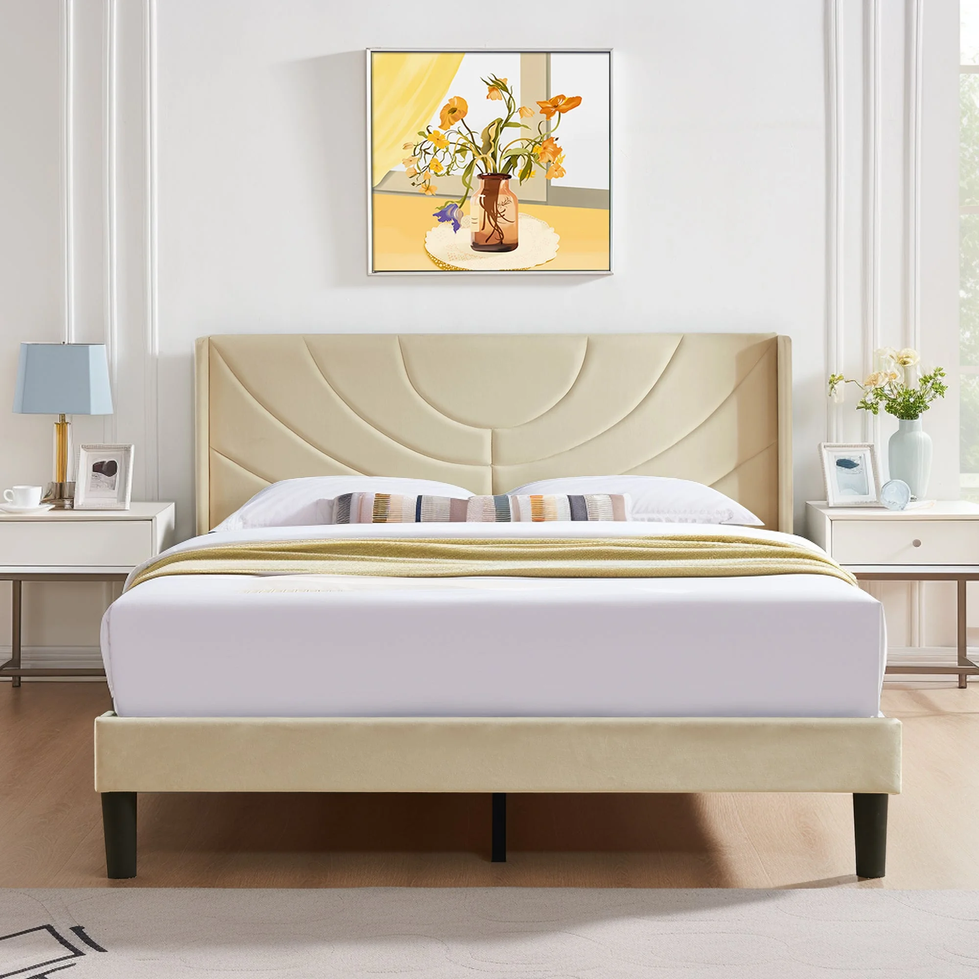 VECELO Queen Platform Bed Frame with Upholstered Headboard, Strong Wooden Slats/No Box Spring Needed, Beige