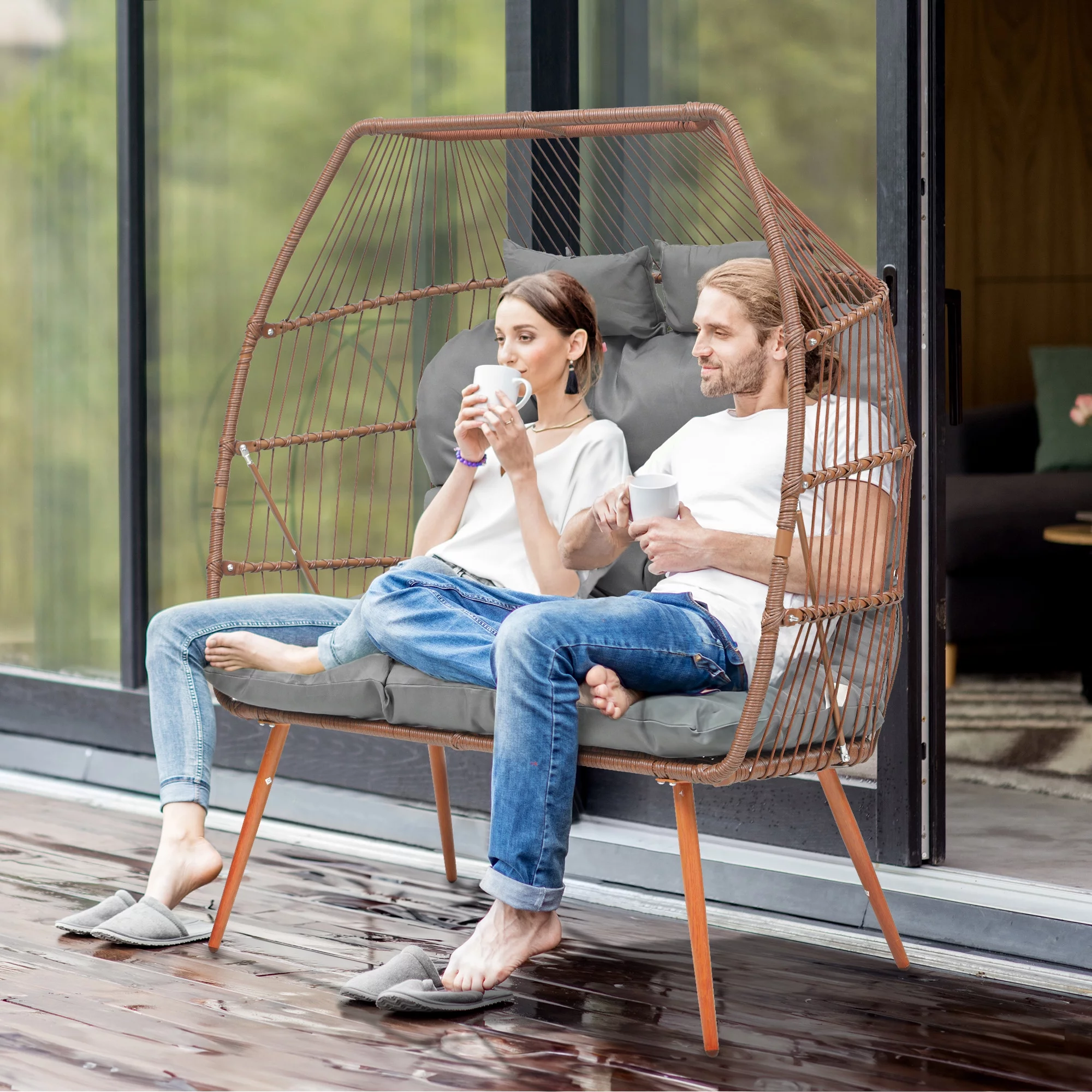 Dextrus Double Egg Chair with Legs 2 Person Wicker Egg Chair Indoor Outdoor Patio Egg Chair with Cushions 510lbs for Patio, Bedroom