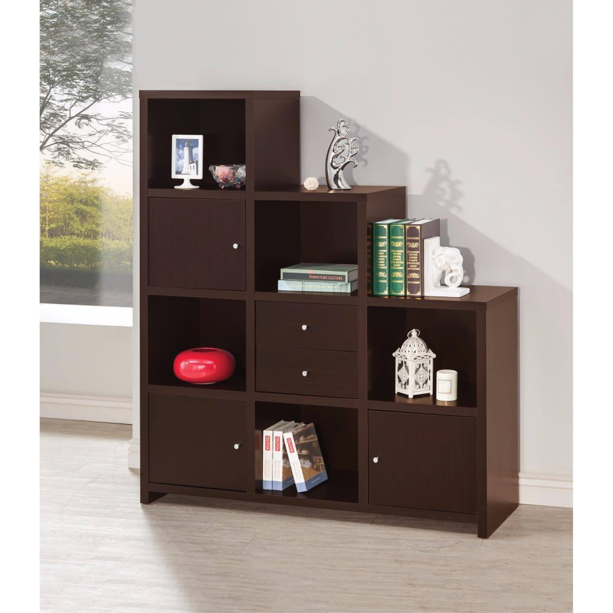 Contemporary Bookcase with Stair Like Design Brown