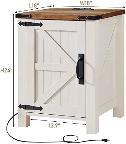 BBNBDMZ Nightstand w/Charging Station  18 Inch Farmhouse End Table w/Barn Door and Adjustable    Rustic Wood Sofa Side Table w/Magnetic Door for