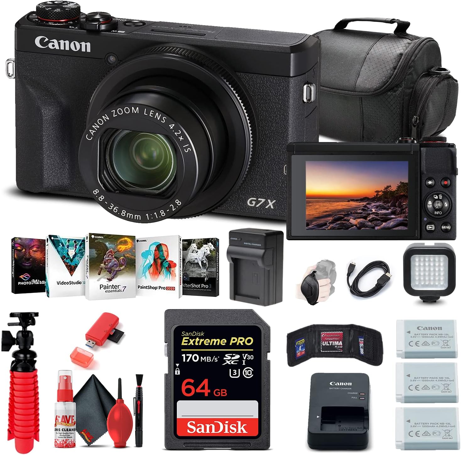 Canon PowerShot G7 X Mark III Digital Camera (Black) (3637C001), 64GB Memory Card, 2 x Battery, Corel Photo Software, Charger, Card Reader