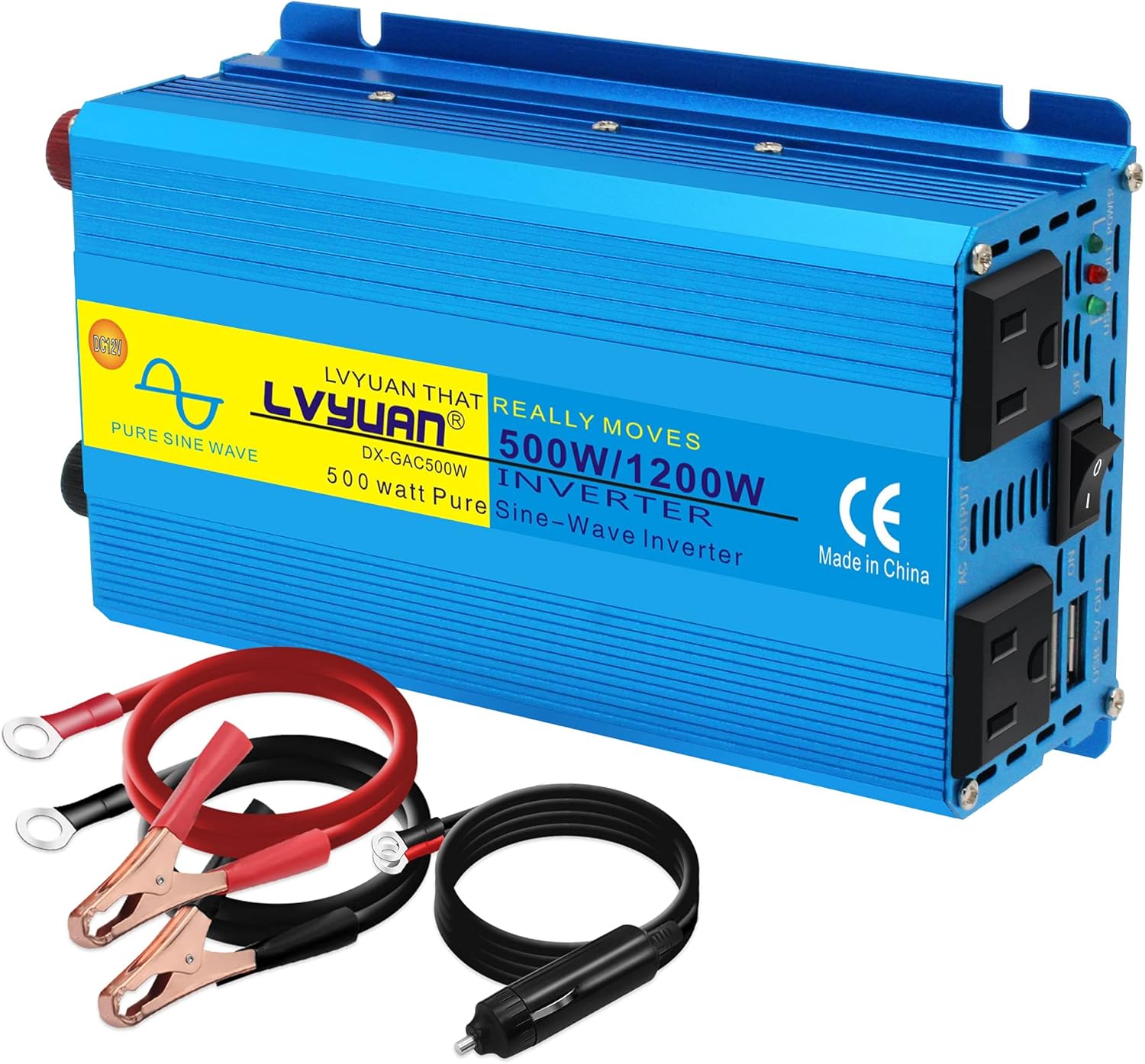LVYUAN 500W Pure Sine Wave Power Inverter Car Adapter DC 12V to AC 110V with 3.1A Dual Smart USB Ports and Cigarette Lighter Plug Pack of 2