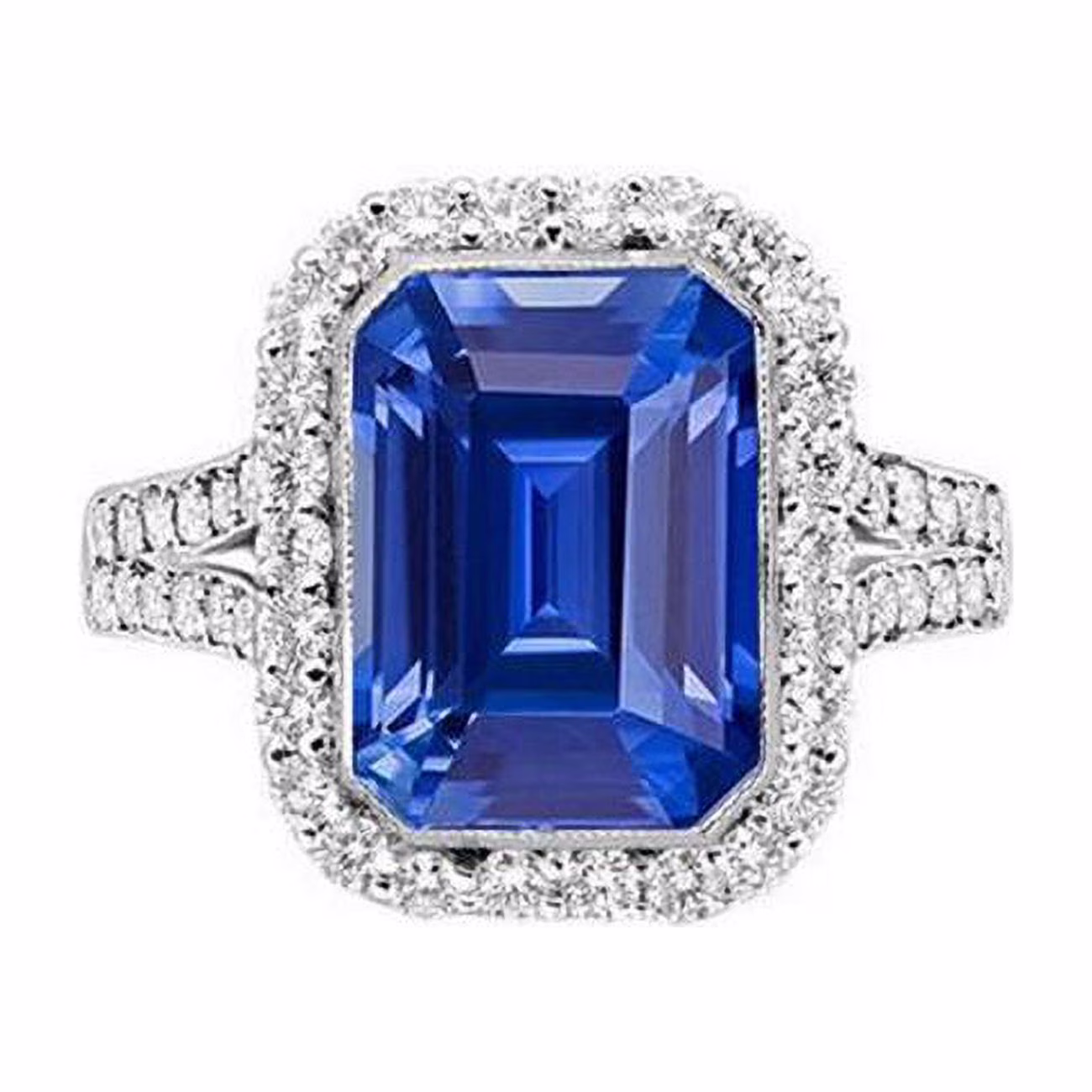 Harry Chad Enterprises  4 CT Halo Diamond Bezel Set Emerald Blue Sapphire Engagement Ring, Size 6.5