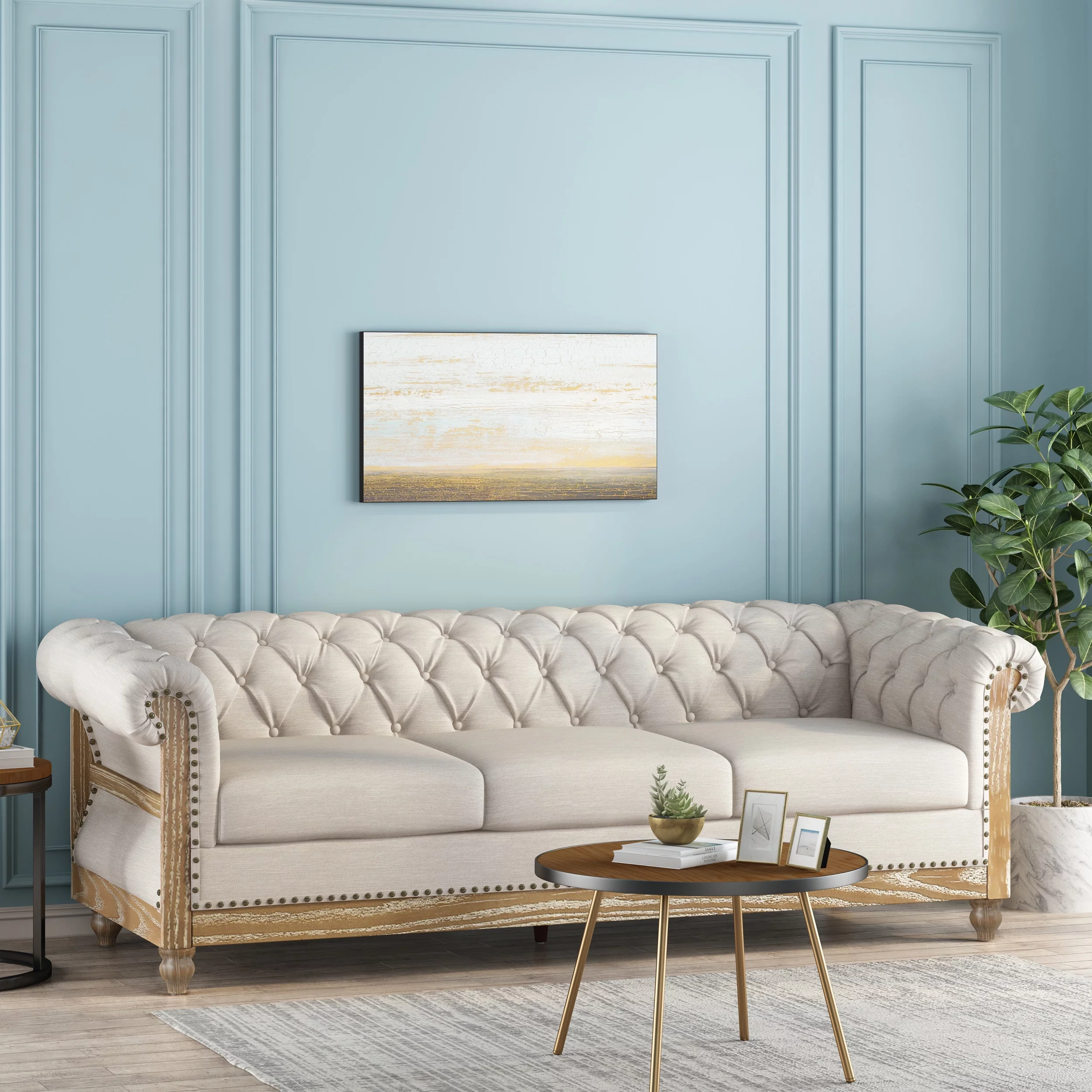 Noble House Petes Fabric Tufted 3 Seater Sofa, Beige
