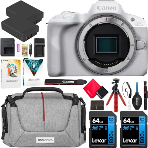 Canon EOS R50 Mirrorless Camera (White) with RF-S 18-45mm F4.5-6.3 is STM Lens 5812C012 Bundle with Deco Gear Photography Bag + 2 x Battery + 2 x