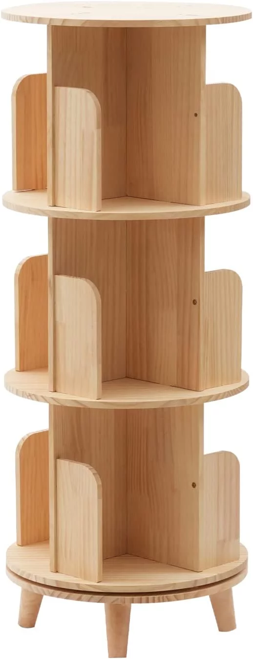 360 Degree Display Wooden Rotating Bookshelf W/4 Legs Floor Standing Bookcase(3 Tiers)