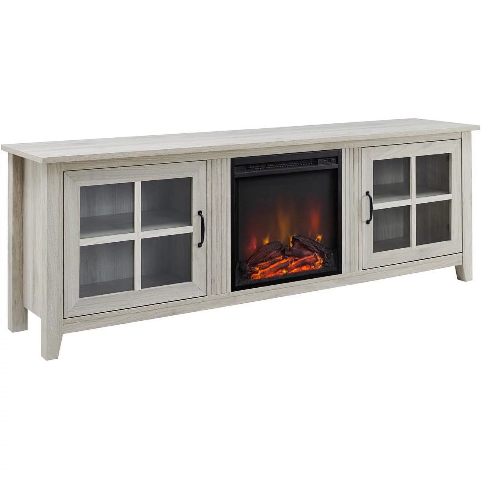 70" Glass Door TV Console with 18" Electric Fireplace Unit in Birch