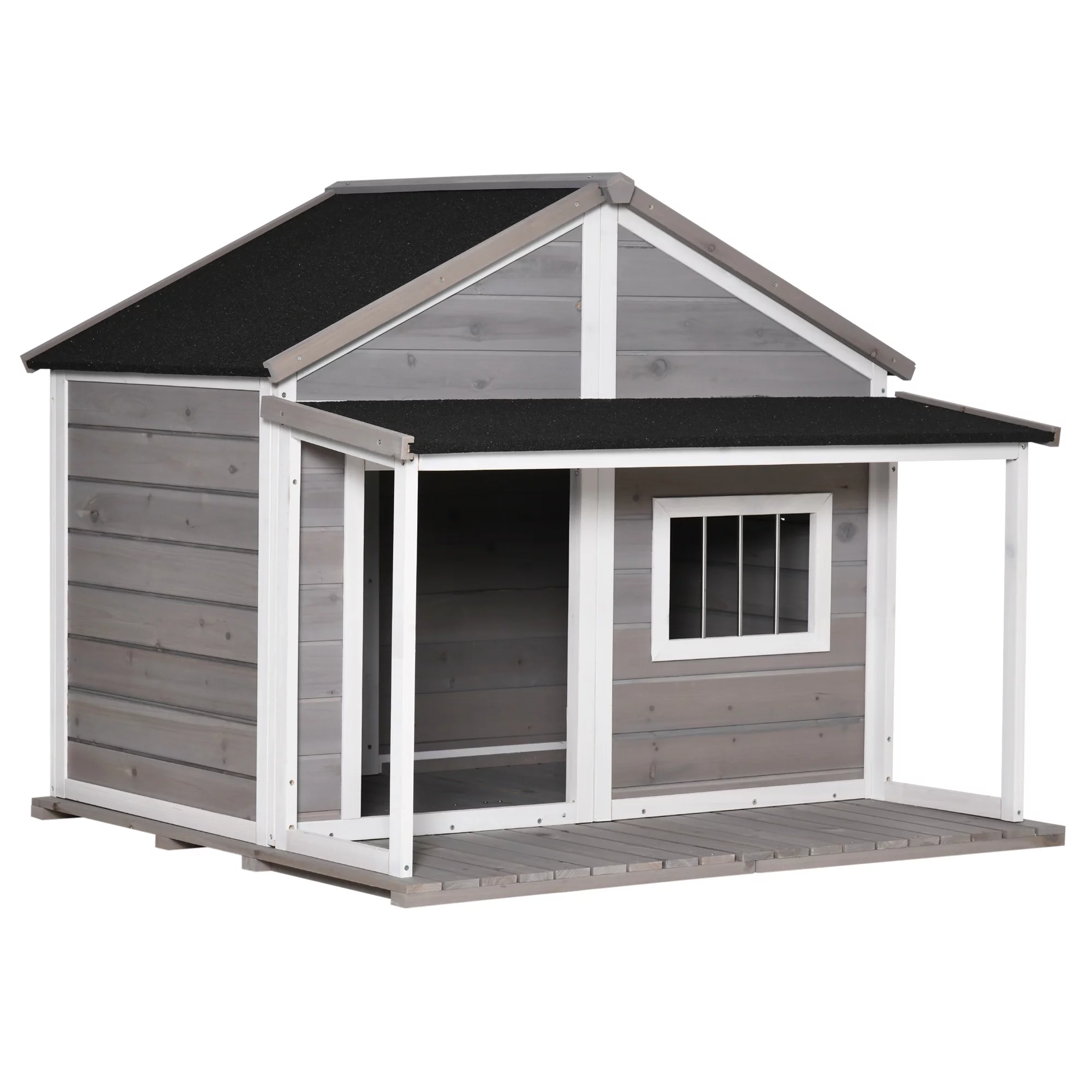 PawHut Outdoor Dog House Cabin Style, Wooden Raised Pet Kennel with Asphalt Roof, Front Door, Side Window, Porch for Medium/Large Dogs