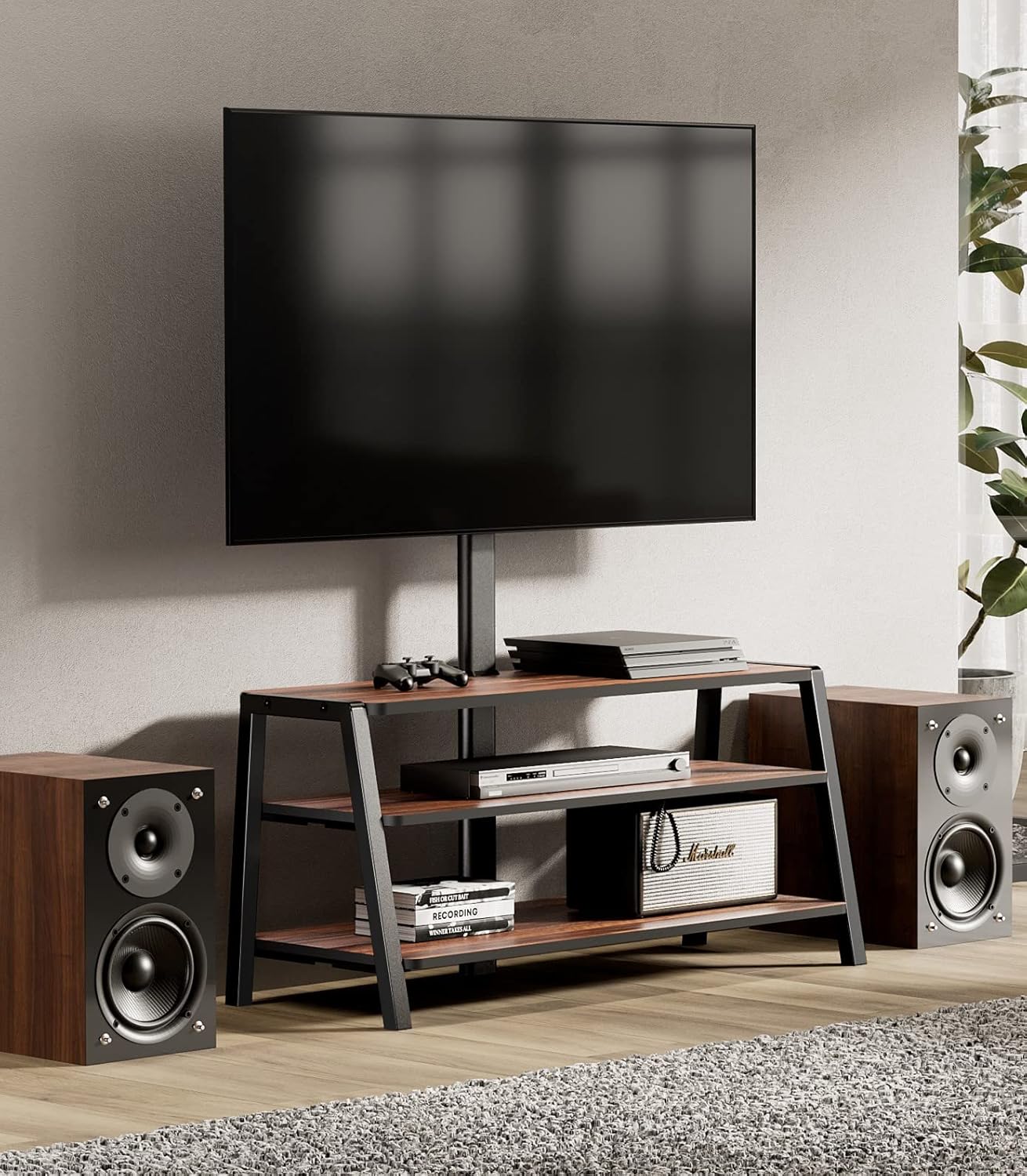 FITUEYES 3-Tier Floor TV Stand for 37-70 Inch TVs Entertainment Center Stand with Storage-Height Adjustable TV Console Stands with Golden Walnut