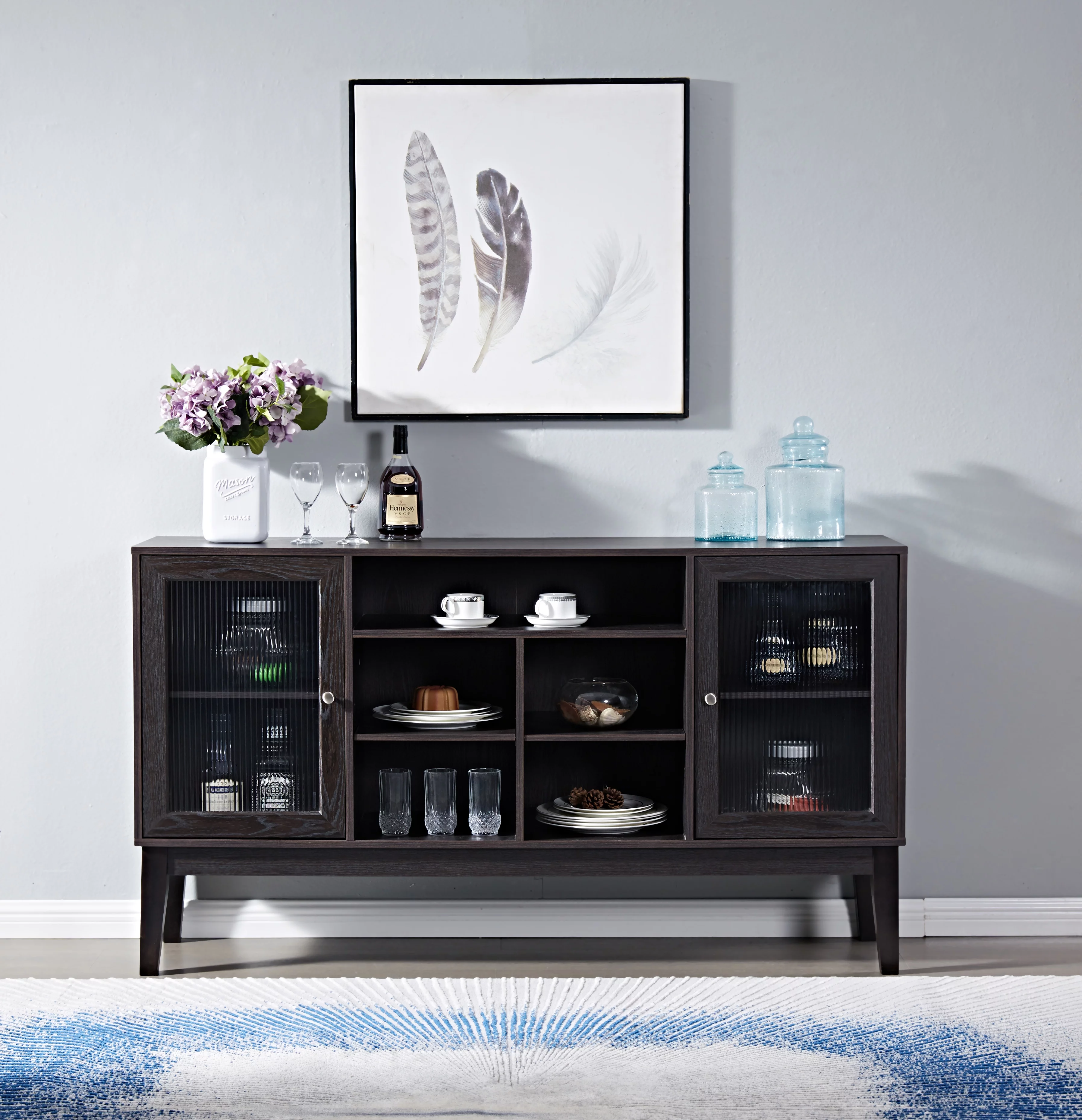 60" Wood TV Stand Console with 4 doors & Solid Wood Legs Entertainment Center TV Console Storage Cabinets for Living Room Bedroom