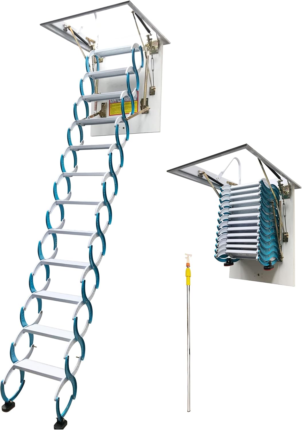 TECHTONGDA Attic Ceiling Ladder Pull Down Attic Stairs Blue Folding Loft Ladder Stairs 9.8ft Hight Ceiling Mounted Carbon Steel Attic Access Ladder