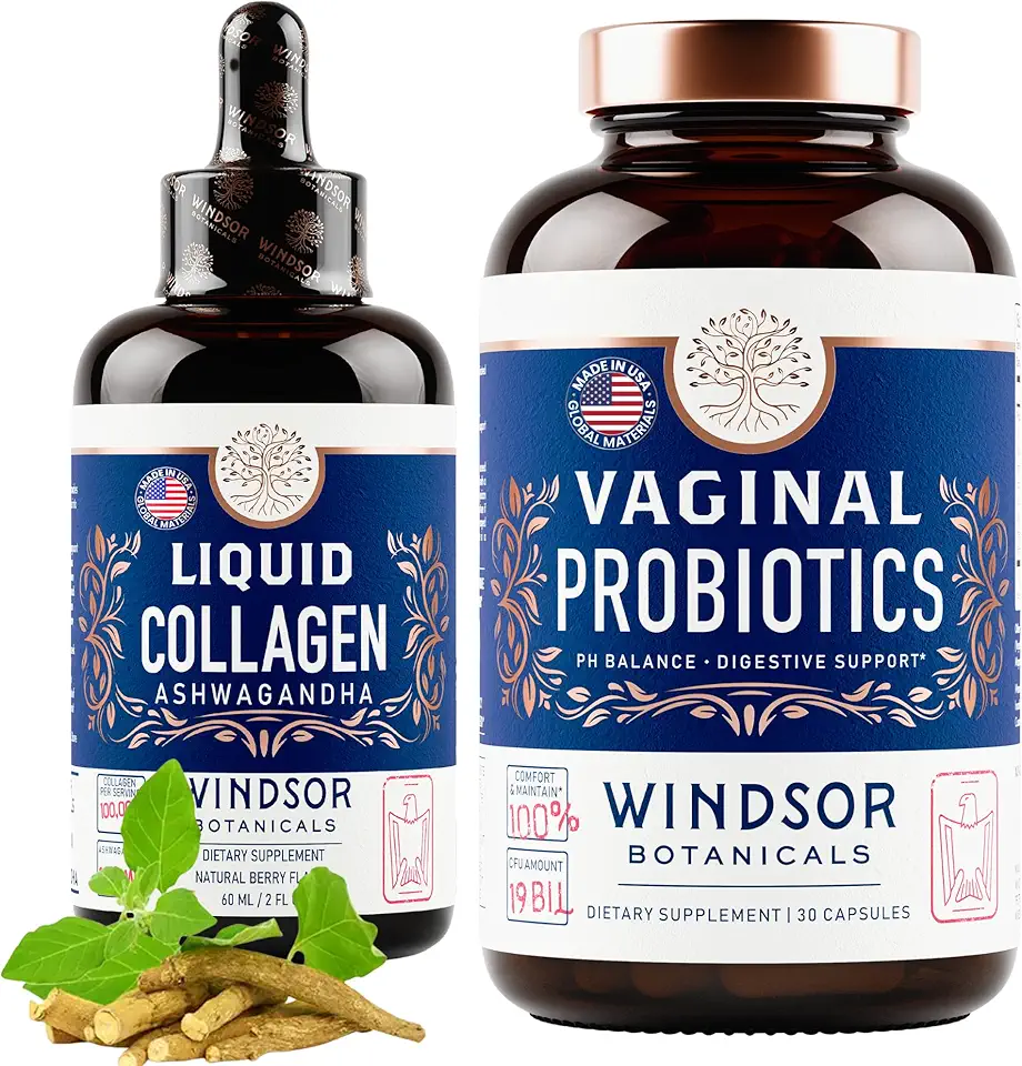 WINDSOR BOTANICALS Liquid Collagen Ashwagandha and Vaginal Probiotics - Women’s Wellness Duo - Kansas Nuitrition - HNZSDS