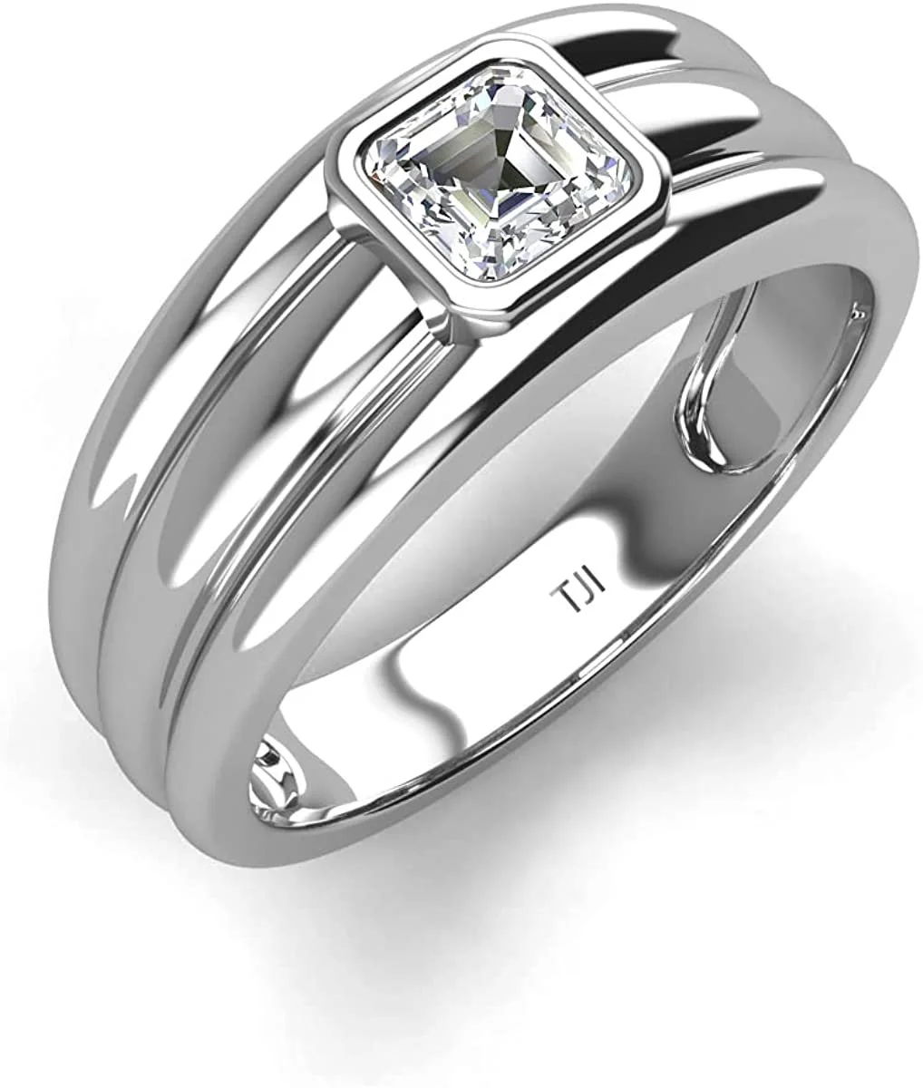 Asscher GIA Certified Natural Diamond 3/4 ctw High Polished Solitaire Men Wedding Band 14K White Gold-11.0